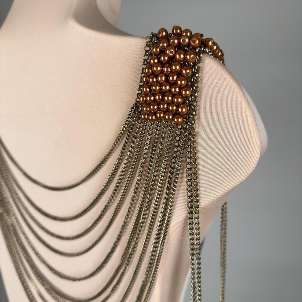 Statement Shoulder Necklace Bib Chains‎ Draped Beads Bronze Tone - Picture 6 of 7